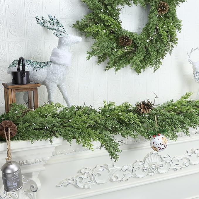 Artgar 6 Ft Christmas Cedar Garland - Realistic Greenery Cypress Garland with Pinecone - Artificial Real Touch Pine Garlands for Outdoor Home Dining Table Mantel Stair Porch Winter Xmas Decor