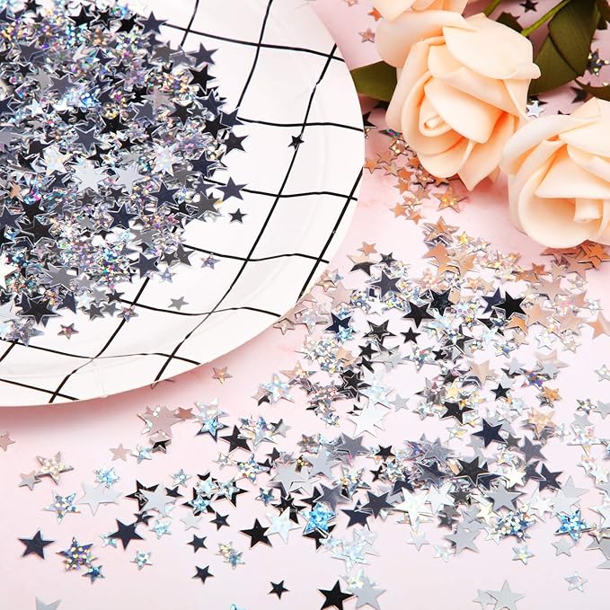 Hestya 60g Star Confetti Glitter Table Confetti Metallic Foil Stars for Party Wedding Festival Decorations(Silver Set,10mm and 6mm)