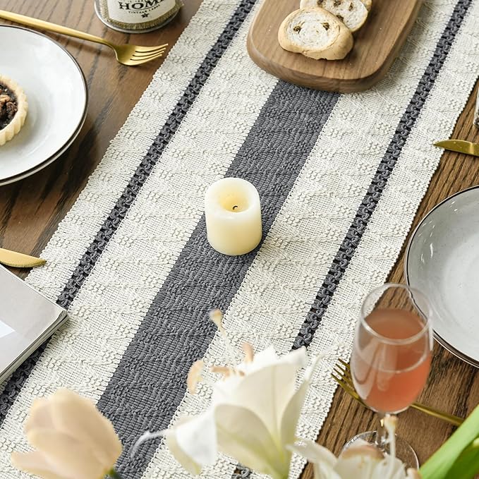 Artoid Mode Dark Grey Farmhouse Woven Rustic Table Runner, Seasonal Holiday Hollow Kitchen Dining Table Decoration for Home Party Decor 12x60 Inch
