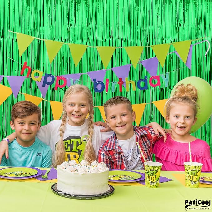 Green Streamers - Thicken 2 Pack 3.2 x 8.2 FT - Tinsel Foil Fringe Curtains Party Backdrop for Birthday, Dinosaur, Jungle, Football, Golf Party Decorations