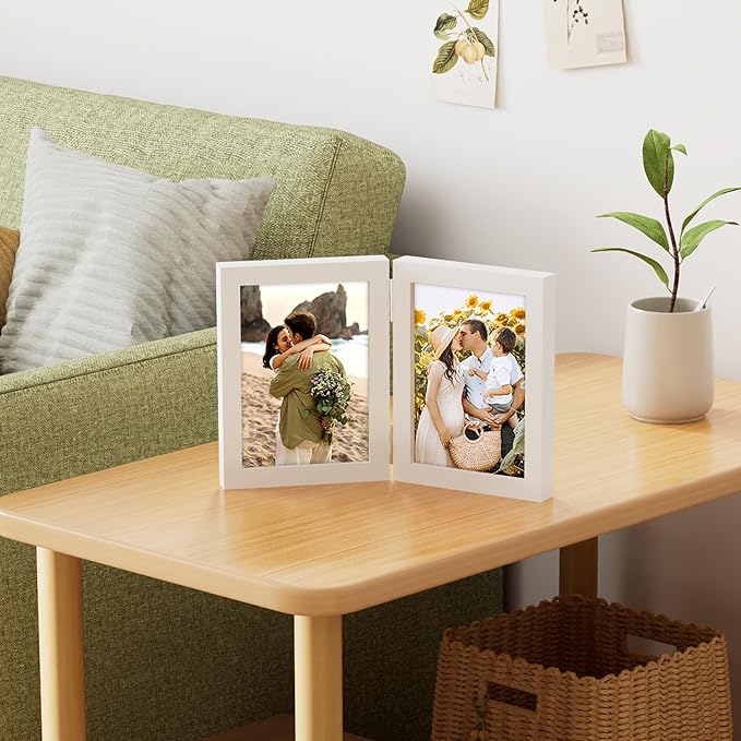 decorUhome Double 5x7 Picture Frame Vertical, Engineered Wood Bifold Photo Frame with Plexiglass for Tabletop Display, 5x7, White