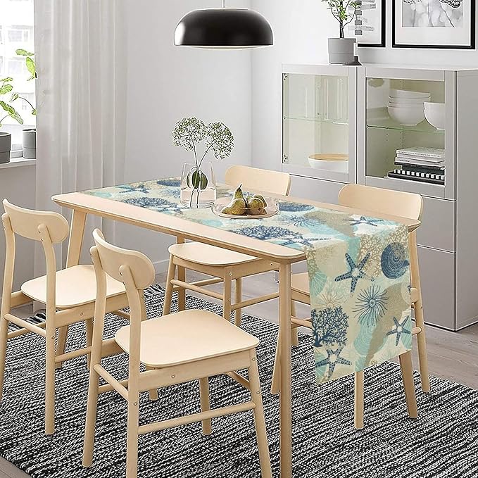Nautical Coastal Table Runner，Ocean Themed Starfish Coral Conch Beach Kitchen Dinning Table Decoration for Indoor Outdoor Home Party Decor 13x70 Inch
