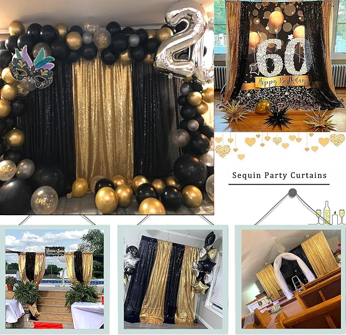 Black Gold Sequin Backdrop Curtain 4 Panels 2FTx8FT Glitter Background Drapes Sparkle Photography Backdrop for Party Wedding Birthday Wall Decoration