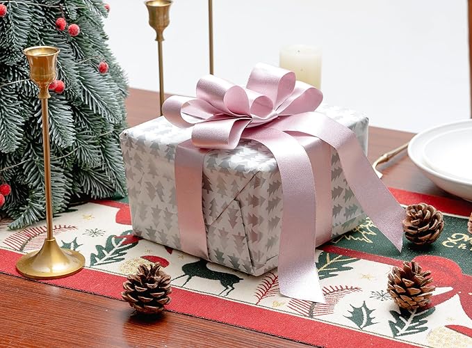 Light Pink Satin Ribbon for Valentines Day 1-1/2 Inch Double-Faced Wide Wired Sliver Glitter Ribbons for Wreath Christmas Tree Decoration Gift Wrapping, Home Decor 10 Yards