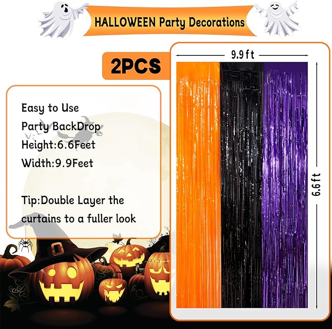 3 Pack Orange Purple Black Tinsel Foil Fringe Curtains, Halloween Photo Backdrop Streamers for Birthday Anniversary Party Decoration