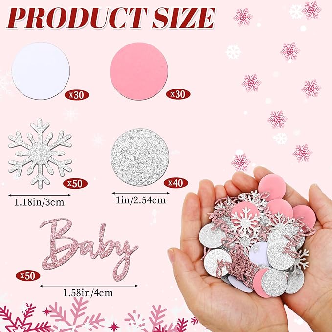 MARFOREVER Winter Baby Shower Table Confetti, 200 Pcs Glitter Pink Silver Snowflake Table Decorations Winter Gender Reveal Sprinkle for Winter Birthday Party Baby Shower Decorations(Pink)