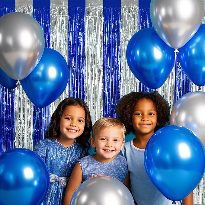 BEISHIDA 2Pcs Blue Silver Door Streamers Congrats Grade 2025 Decoration Backdrop Foil Fringe Tinsel Party Streamers Curtains for Birthday Graduation Winter Party Decoations (3.28 ft x 6.56 ft)
