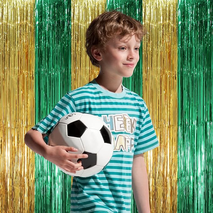 3 Pack 3.3 x 8.2 ft Green and Gold Foil Fringe Backdrop Curtains, Tinsel Streamers Party Decorations, Fringe Backdrop, Door Shimmer for Graduation or Birthday Party
