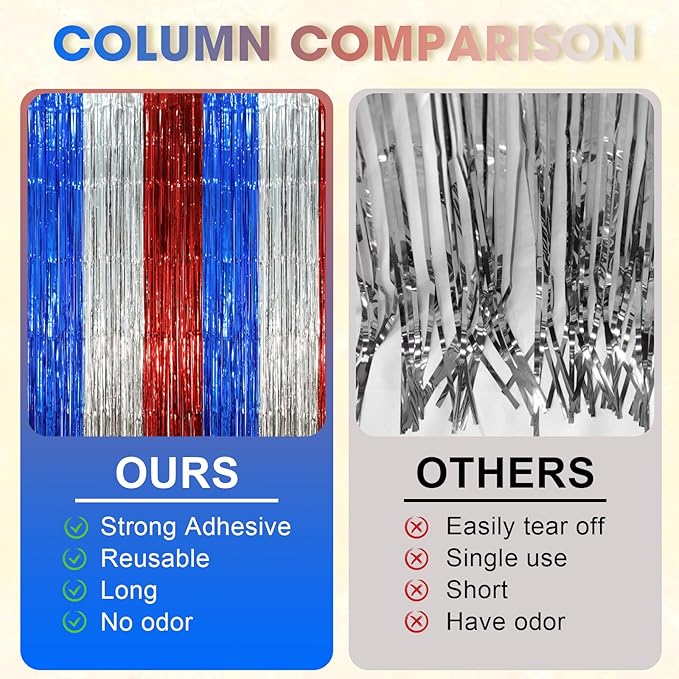3 Pack 3.3 x 8.2 ft Blue Red Silver Foil Fringe Backdrop Curtains, Tinsel Streamers Party Decorations, Fringe Backdrop, Door Shimmer for Independence Day or Birthday Party