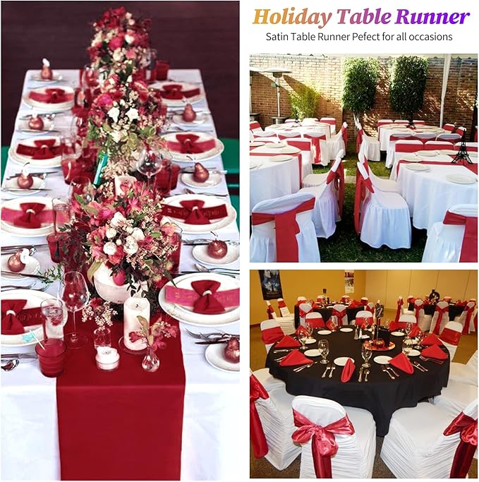 12 Pack Burgundy Satin Table Runner,12 x 108 inch Long Premium Smooth Table Runner for Wedding, Banquets, Birthday, Party, Graduation, Engagements,Table Runners fit Rectangle and Round Table