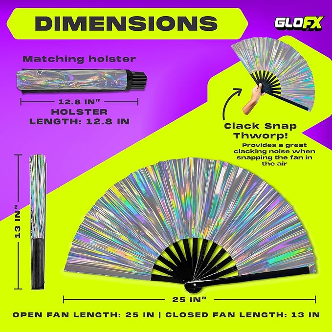 Holographic Folding Fan with Holster – Large Handheld Fan for Line Dancing, Festivals, Pride, and Costumes – Loud Bamboo Fan with Matching Belt Holster