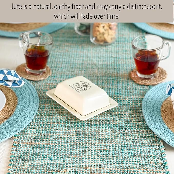 Chardin home Natural Jute Table Runner 13x108 Inch – Vintage Boho Rustic Table Decor – Handwoven Long Table Runner in Natural Jute and Aqua Turquoise – Farmhouse Dining or Console Table Accent