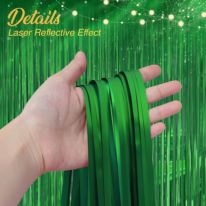 2 Pack Metallic Green Fringe Backdrop, 3.2x8.2ft Shining Foil Tinsel Curtains, Birthday Party Decorations Door Streamers for Halloween, Christmas, Wedding, Graduation, Holiday, Theme Events