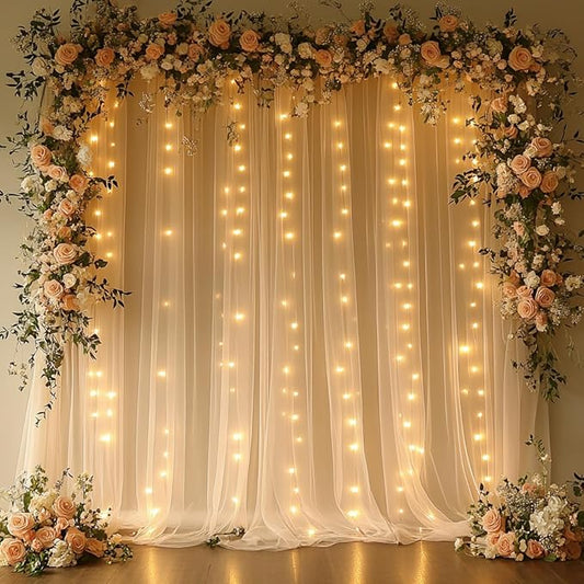 10x10ft Champagne Tulle Backdrop Curtain with String Lights, Wrinkle-Free Sheer Wedding Backdrop for Birthday Parties, Baby Shower, Bridal Shower, Photo Shoots and Home Decorations, Champagne
