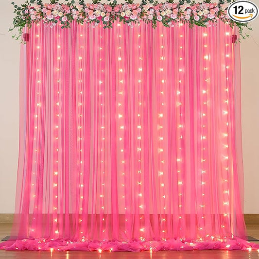 Hot Pink Tulle Backdrop Curtain with Lights for Parties 10x8ft Fuchsia Sheer Backdrop Curtains for Weddings Birthday Baby Shower Photo Shoot Background Decorations