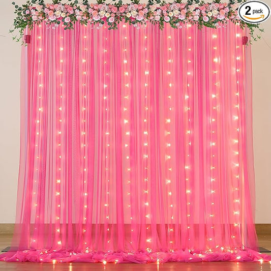 Hot Pink Tulle Backdrop Curtain with Lights for Parties 10x10ft Fuchsia Sheer Backdrop Curtains for Weddings Birthday Baby Shower Photo Shoot Background Decorations