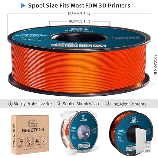 Geeetech TPU Filament 1.75mm, Shore 95A – Flexible 3D Printer Filament with High Elasticity, 1KG (2.2lbs) Spool, Dimensional Accuracy ±0.03mm, Fits Most FDM Printersl, Clear Orange