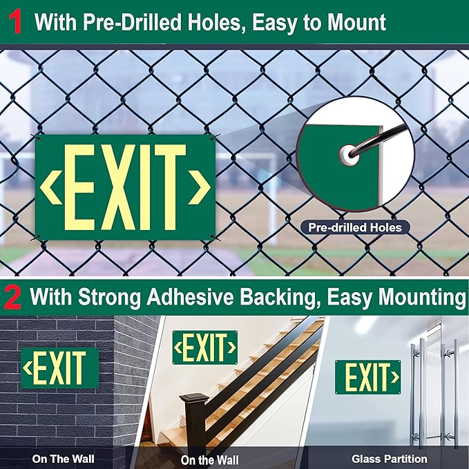 1Pack Photoluminescent Exit Sign Green - Aluminum -14.25"x 7.5" Glow In The Dark Adhesive Backing- Includes 2pcs Removable Arrows- Non Electrical Green Exit Light