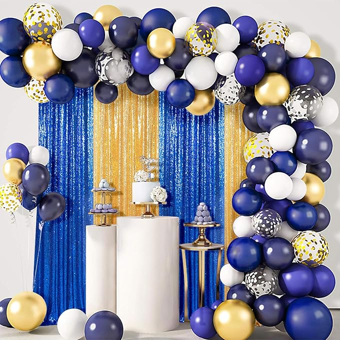 ShinyBeauty Blue and Gold Sequin Sparkle Photo Backdrop 2x8FT (4 Panels) - Wall Decor for Weddings, TikTok Videos, Birthday Parties, Baby Showers & Live Streams