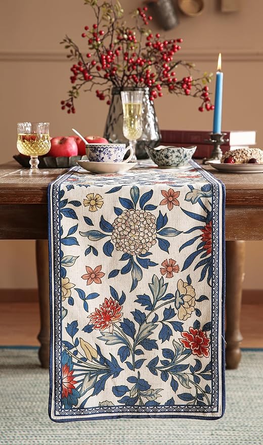 patdrea Designer Blue Cottage Rustic Floral Patterned Linen Table Runner 71 Inch Long,Wrinkle Resistant Table Mat,Decoration for Kitchen Dining and Coffee Tables Banquet Christmas , 12"x71"