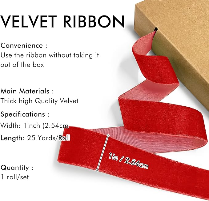 Red Velvet Ribbon 1'' 25 Yards for Christmas Tree, Gift Wrapping, Flower Bouquet, Wreath Decorations, Bow Making