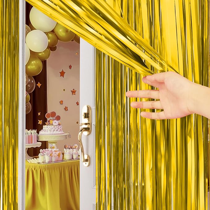 2 Pack Metallic Gold Fringe Backdrop, 3.2x8.2ft Shining Foil Tinsel Curtains, Birthday Party Decorations Door Streamers for Halloween, Christmas, Wedding, Graduation, Holiday, Theme Events