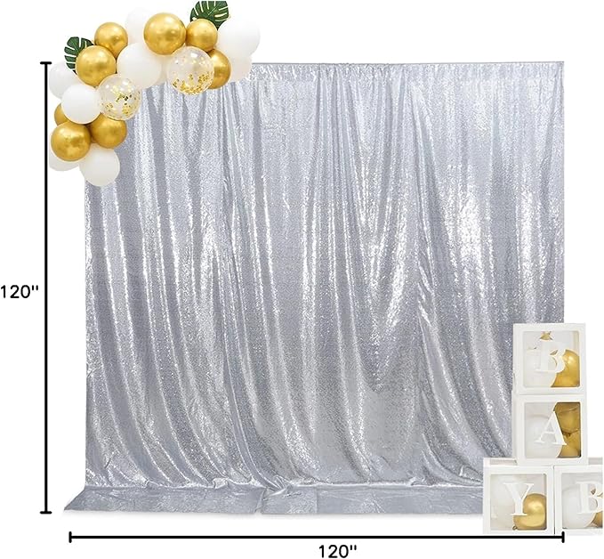 SquarePie Sequin Backdrop Curtain Background Opaque Non-Transparent Satin Sparkly for Wedding Party 10FT x 10FT Silver