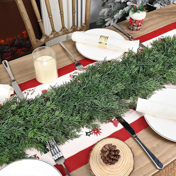 9ft Christmas Cedar Garland, Real Touch Pine Garland, Realistic Cypress Garlands Christmas Decorations for Mantel, Table, Stairs, Porch - Indoor Outdoor Xmas Holiday Decor
