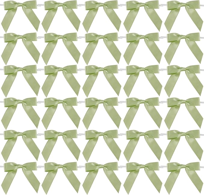 AIMUDI Sage Green Satin Ribbon Twist Tie Bows 2.5" Pretied Bows Premade Craft Bows for Treat Bags Cake Pop Gift Wrapping Basket Wedding Favors Cookie Candy Bagging Baby Shower - 50 Counts