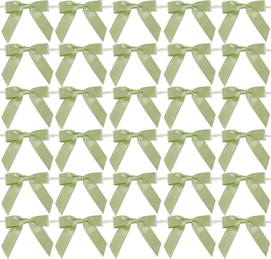 AIMUDI Sage Green Satin Ribbon Twist Tie Bows 2.5" Pretied Bows Premade Craft Bows for Treat Bags Cake Pop Gift Wrapping Basket Wedding Favors Cookie Candy Bagging Baby Shower - 50 Counts