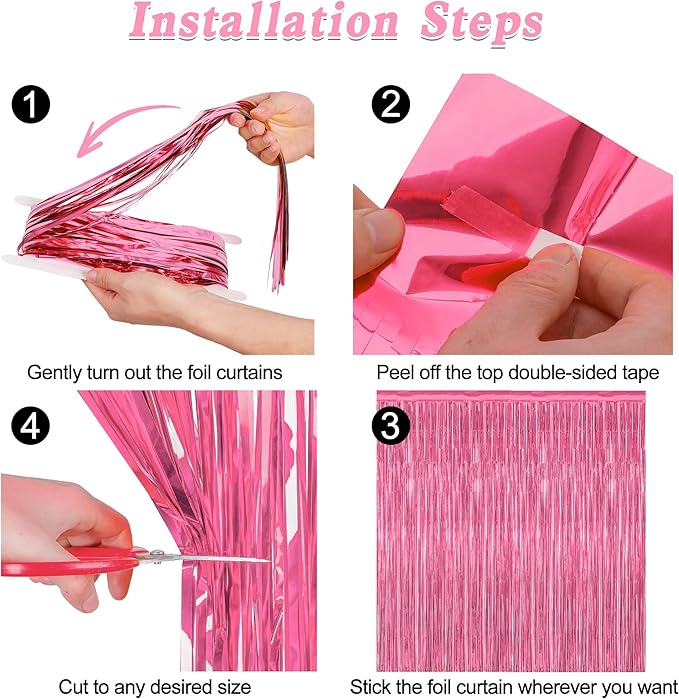 4 Pack Birthday Decorations, 3.28 FT x 7.05 FT Pink Backdrop, Metallic Happy Birthday Backdrop Fringe Curtains Party Streamer, Bachelorette Party Decorations Princes Birthday Party Decor