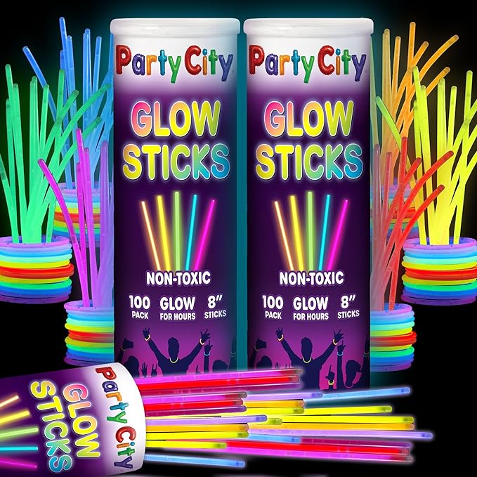 Party City 200 Glow Sticks Bulk Party Pack 8”– Neon Glow in the Dark Party Supplies, Glowsticks with Connectors Bracelets & Necklaces, Light Up Favors for Kids, Adults, Birthdays, Parties, Decorations
