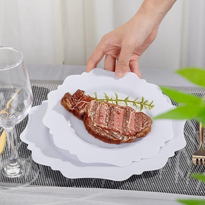 COLOSUS 100pcs 9.5 Inch-White Plastic Dinner Plates, Fancy White Plastic Plates,Heavy Duty Disposable Dinner Plates for Party Wedding and Everyday Use