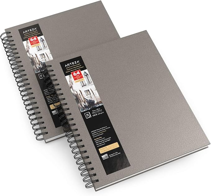ARTEZA Watercolor Sketchbook 2-Pack, 9x12 Inches – 64 Pages Each, Spiral-Bound 140 lb Cold Press Paper, Gray Hardcover Journal for Mixed Media