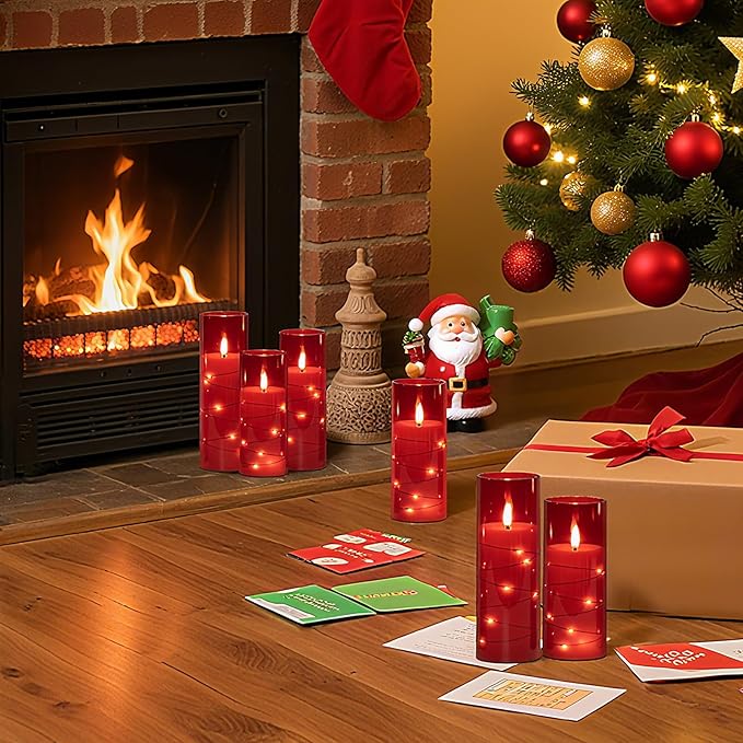 Raycare Flameless Candle with Remote Timer – 5 Flickering Acrylic Battery Operated LED Pillar Candles with Embedded Star String for Halloween, Home Decor, and as a Gift(Red)