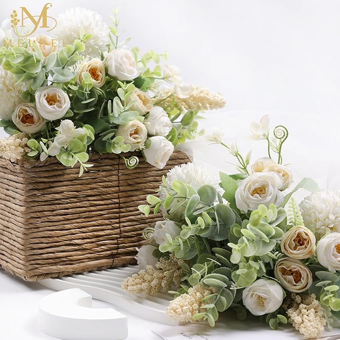 Meldel 3Pcs Rose Bouquet White&Champagne Artificial Flowers Eucalyptus Plants Silk Flower Arrangements Wedding Bouquets Decorations Plastic Floral Centerpieces for Home Kitchen Garden Party Decor