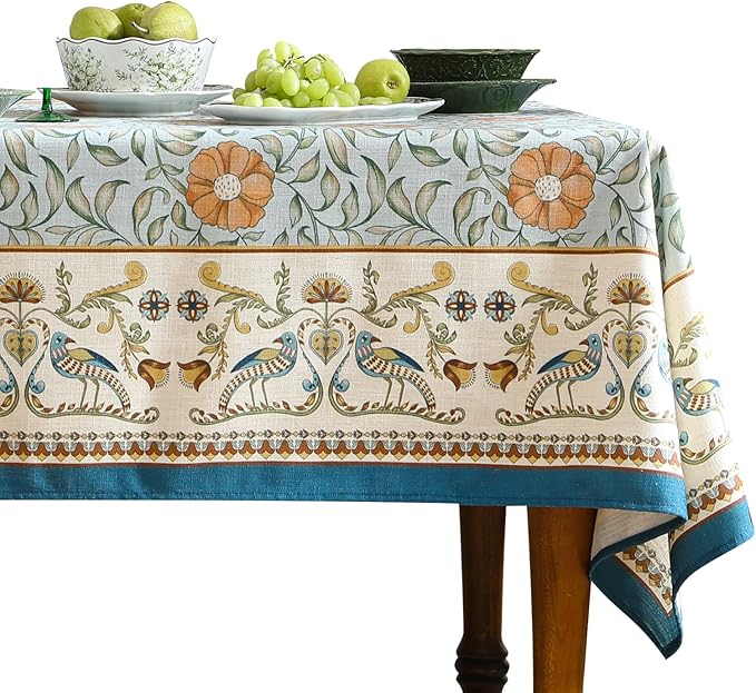 patdrea Designer French Linen Blue Tablecloth for Rectangle Table,Vintage Floral Table Cloth,Colorful Decoration Fall Cover Kitchen Dining for Thanksgiving,Tea Party,Christmas,55"x71"-Wensel