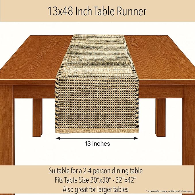 Chardin home Natural Jute Table Runner 13x48 Inch – Vintage Boho Rustic Table Decor – Handwoven Table Runner in Natural Jute and Black – Farmhouse Dining or Console Table Accent