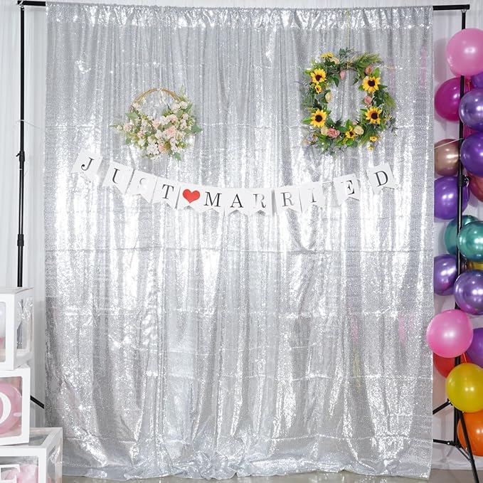 Poise3EHome 6Ft x 8Ft Silver Sequin Backdrop Curtain, Glitter Thick Satin Background Drapes, Sparkly Opaque Photography Curtain, Sequence Xmas Thanksgiving Backdrop for Wedding Party Holiday Decor