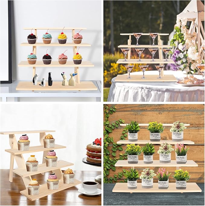 ZYP 4 Tier Wood Cupcake Display Stand,Retail Cookie Display Riser,Rustic Tiered Table Display Stand for Vendors Home Wedding Party,Nature