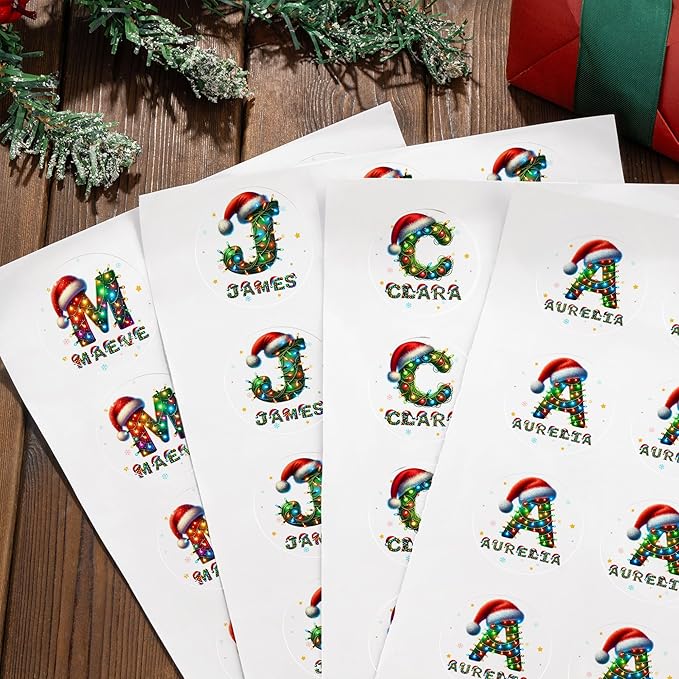 Personalized Christmas Stickers - Custom Name Waterproof Christmas Gift Tags for Gift Box Xmas Holiday Decorations Party Favors - 30 Stickers (Santa Hat Initial)