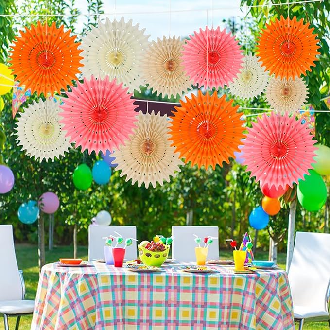 BestoFun 12PCS Paper Fans Peach and Pink Party Decorations Tissue Paper Flowers Decorations for Girl Groovy Birthday Baby Shower Wedding Bachelorette Room Wall Hanging Décor