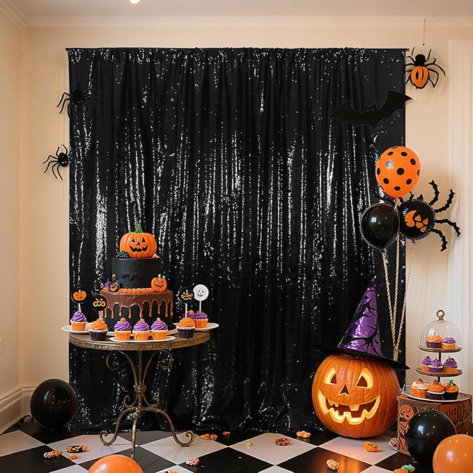 Poise3EHome 8Ft x 8Ft Black Sequin Backdrop, Glitter Thick Satin Background Drapes, Sparkly Opaque Photography Curtain, Sequence Xmas Thanksgiving Backdrop for Wedding Party Holiday Festival Decor