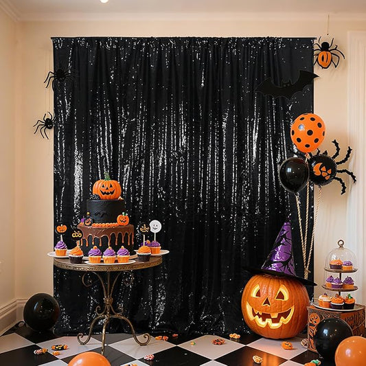 Poise3EHome Black Sequin Backdrop (6Ft x 6Ft),Thick Satin Black Sequin Photo Backdrop Curtain,Sparkly Opaque Photography Curtain Sequence Xmas Thanksgiving Backdrop for Wedding Party Decor