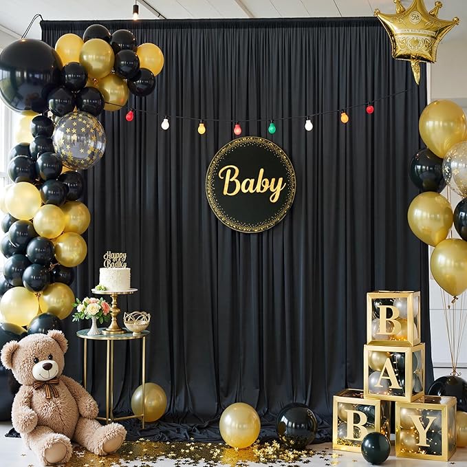 10x12ft Wrinkle Free Black Backdrop Curtain for Wedding Parties, 2 Panels 5×12 ft Long Soft Silky Polyester Fabric Backdrop Drapes Black Photo Back Drop Curtains for Party Photography Background Cloth