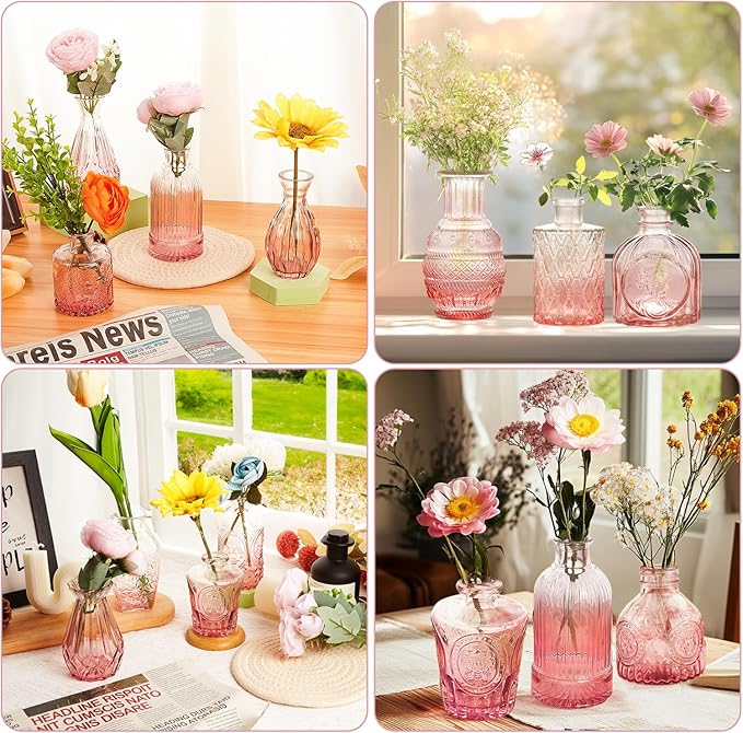 Glass Bud Vase Set of 12,Small Flower Vases in Bulk,Pink Mini Vintage Vase for Home Centerpiece, Parties, Wedding Decoration for Home Centerpiece, Parties, Wedding Decoration(12)