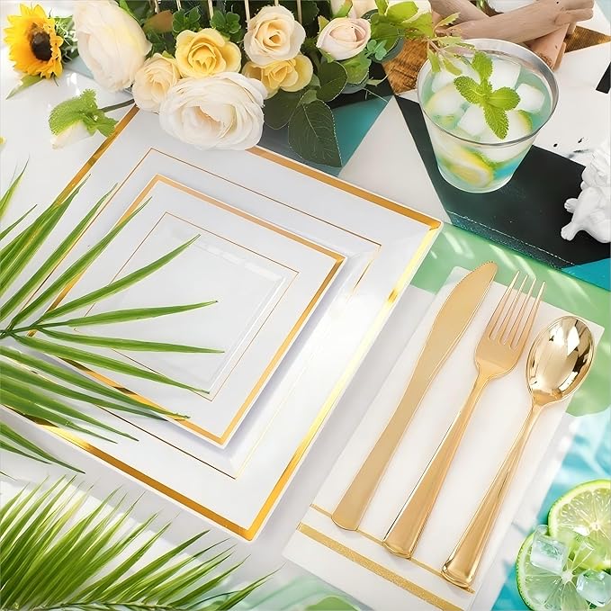 Festiva 350Pcs Gold Plastic Plates - Disposable Square Gold Plates Dinnerware set include 9.5"/6" Plates,Cups,Plastic Cutlery,Hand Napkins Perfect for 50 guests Party&Wedding&Birthday