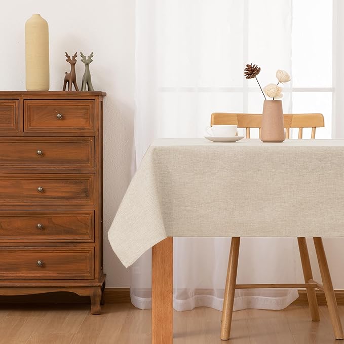 Hiasan Faux Linen Rectangle Tablecloth - Wrinkle and Stain Resistant Washable Table Cloth for Kitchen Dining Room Holiday Table Cover for Dinner, Beige, 60 x 140 Inch