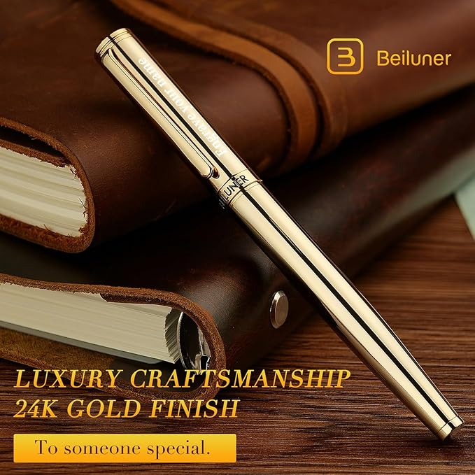 BEILUNER Gold Personalized Fountain Pen,Stunning Luxury Surface,24K Gilded Nib(Fine),Gorgeous 24K Gold Finish, Ink Converter,Fancy Gift for Men&Women-Elegant, Graduation,Office Pens for Writing