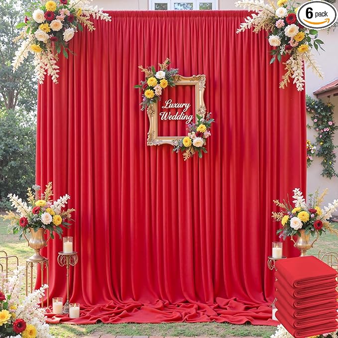 30×12ft Wrinkle Free Red Backdrop Curtain for Wedding Parties,6 Panels 5×12ft Long Soft Silky Polyester Backdrop Drapes Red Photo Back Drop Curtains for Photography Stage Christmas Background Cloth